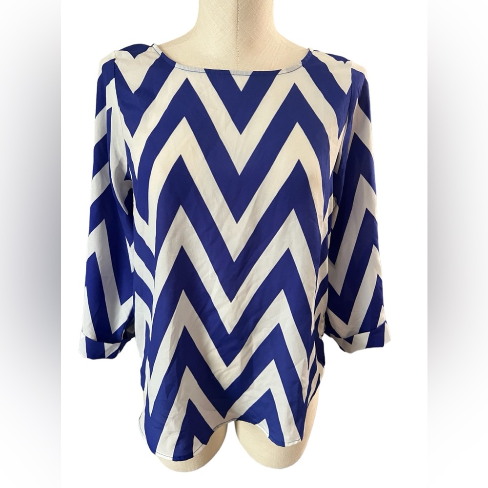 Royal Blue & White Chevron Blouse with button sleeve detail